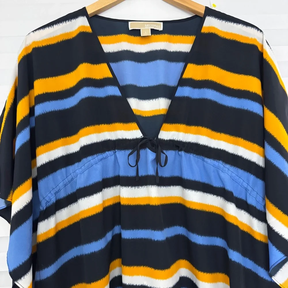 Michael Kors Womens Blue Orange Striped V-Neck Kaftan Empire Waist Top‎ Large